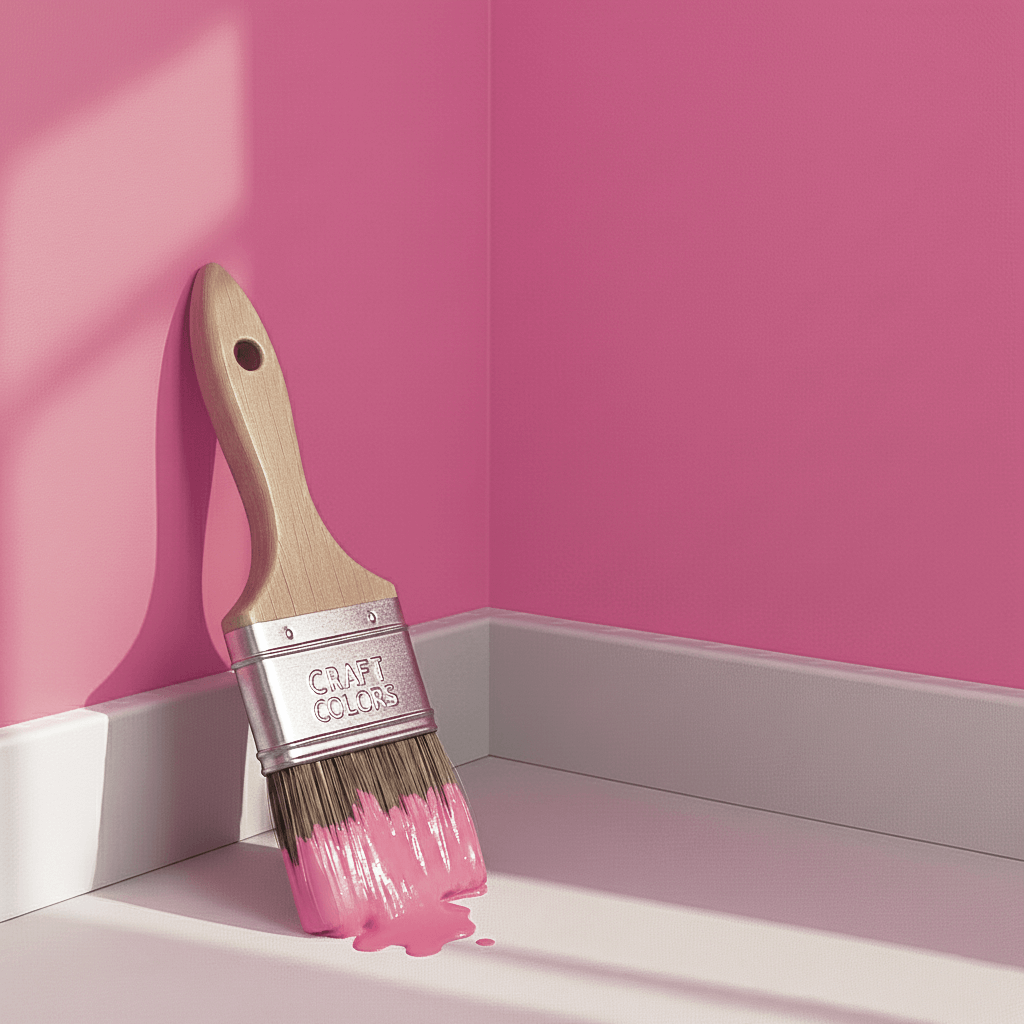 Wandfarbe Babyrosa auf einem Pinsel mit pinker Wandfarbe in edelmattem Finish.