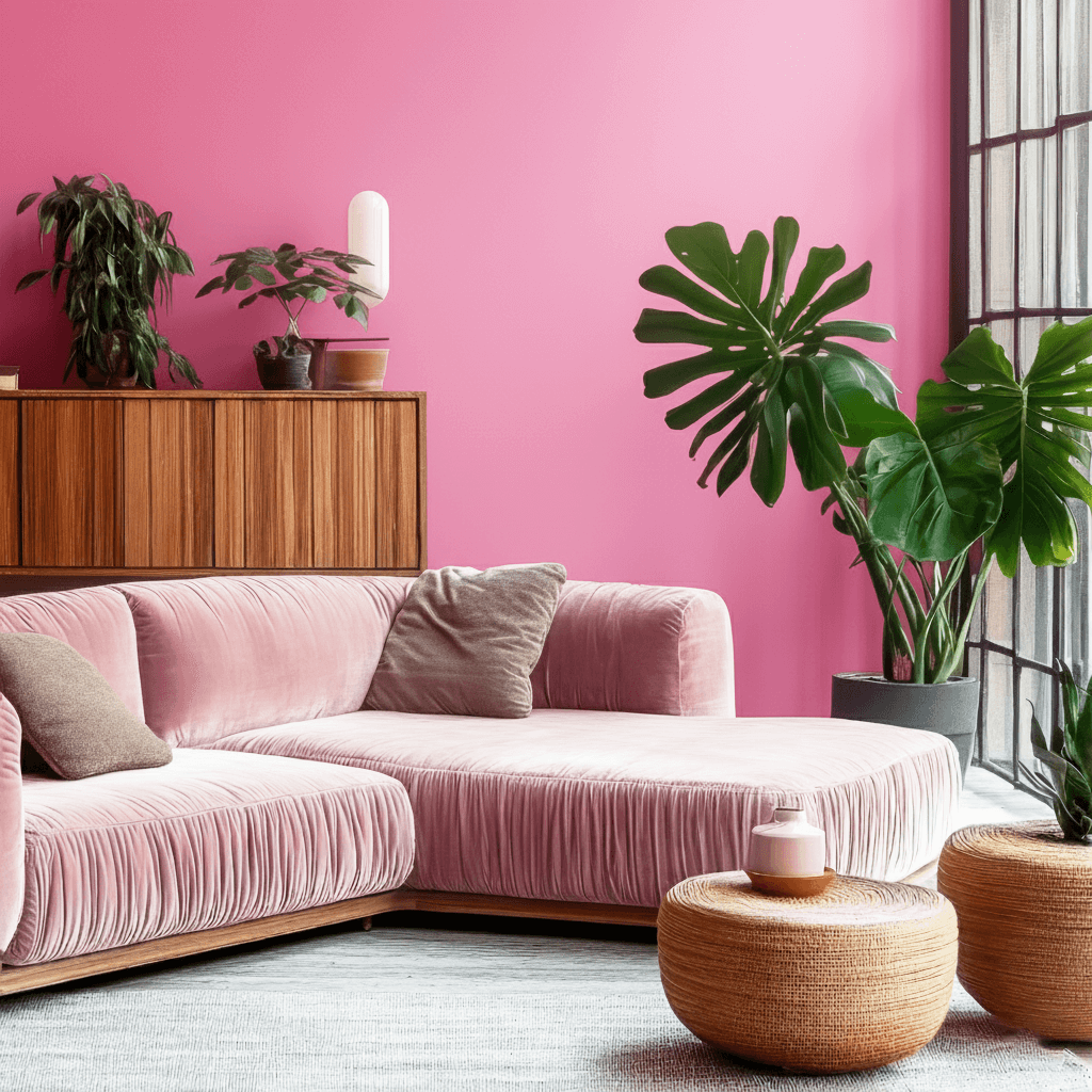 Wandfarbe Babyrosa in elegantem Wohnzimmer mit Sofa und Pflanzen, Design Collection No. 401.