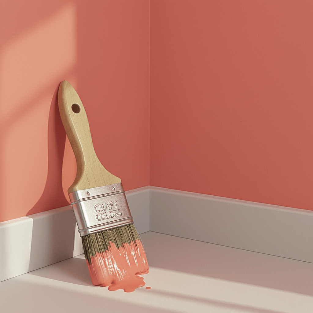 Wandfarbe Koralle Flamingo No. 422 auf Pinsel im Raum, edelmatt und hochwertig hergestellt.