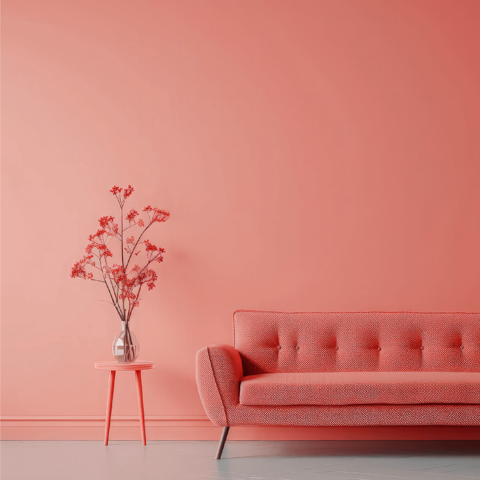 Wandfarbe koralle mit edelmatt Oberfläche, orange Couch und Vase mit Blumen im modernen Raum.