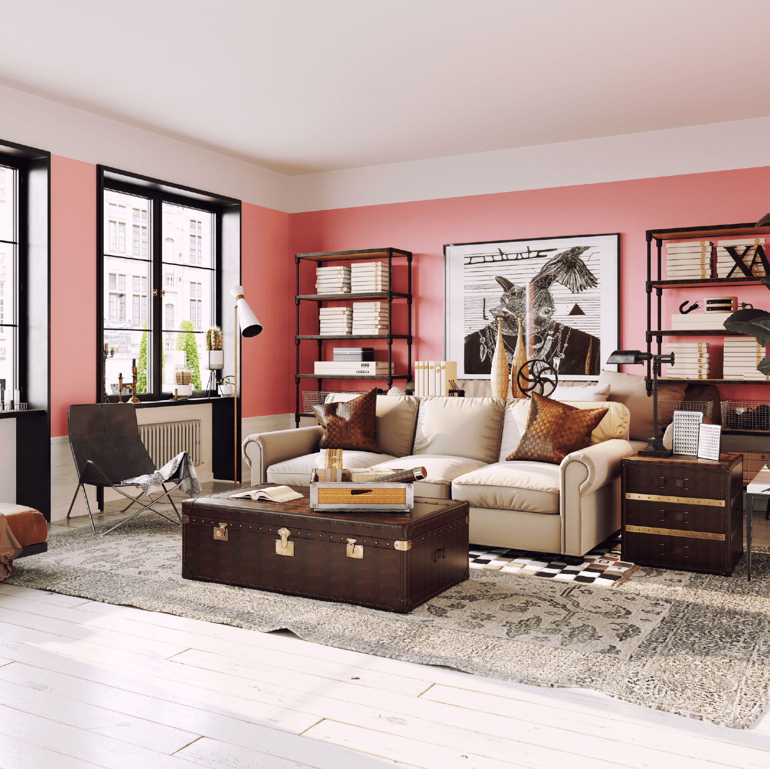 Muurverf Coral Flamingo nr. 422 in een moderne woonkamer met elegante afwerking en decoraties.