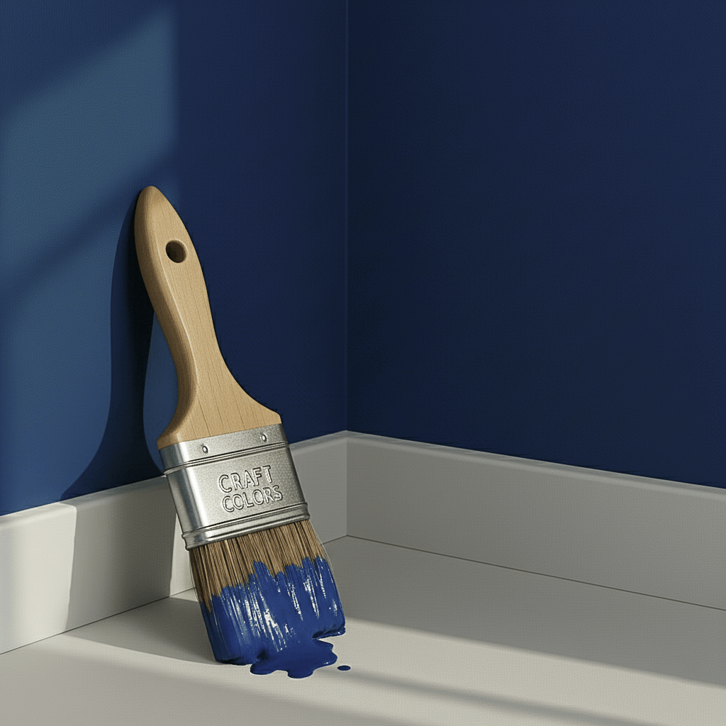 Wandfarbe kobaltblau mit Pinsel in der Ecke eines Raumes, Craft Colors Design Collection.