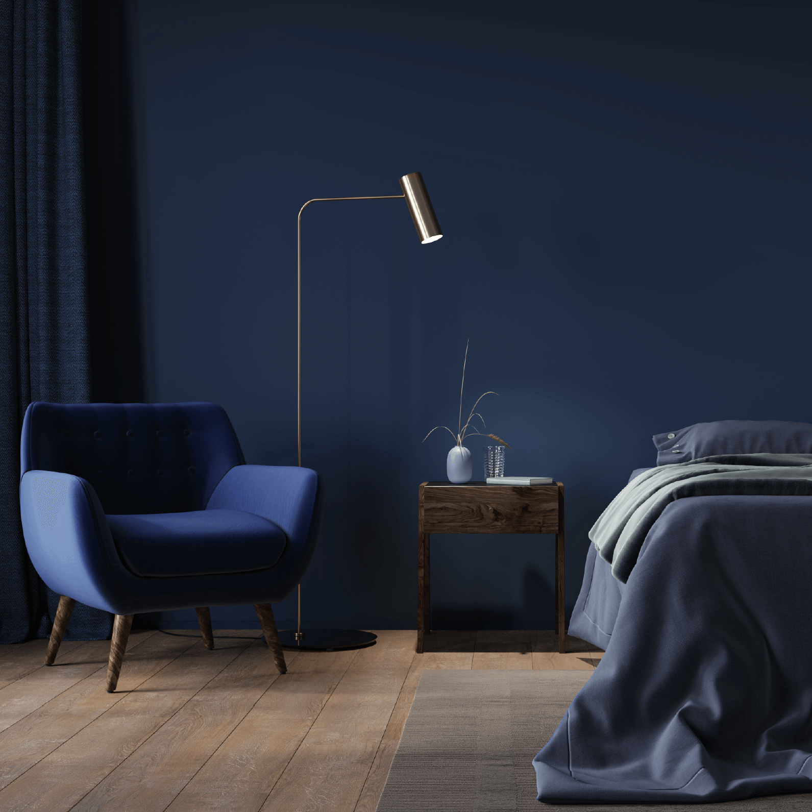 Wandfarbe kobaltblau in elegantem Wohnraum mit blauer Couch und Holzdetails.