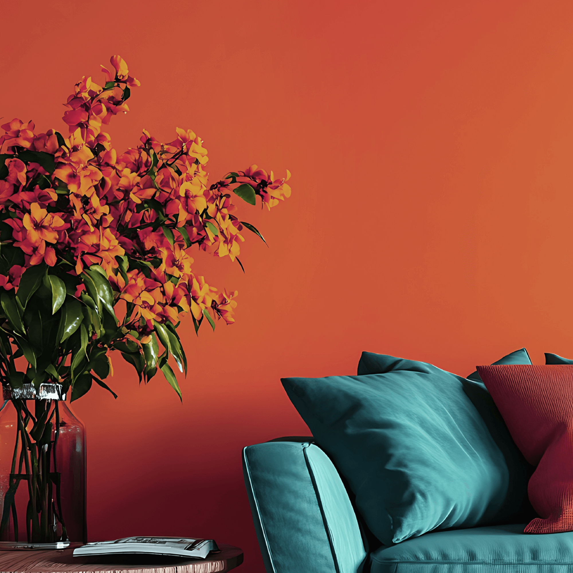 Wandfarbe orange mit edelmattem Finish in einem modernen Wohnzimmer mit bunten Pflanzen und stilvollen Möbeln.