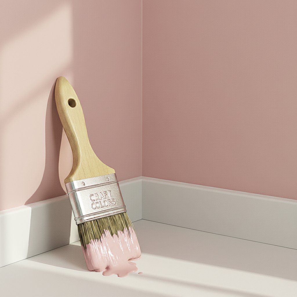 Wandfarbe pastellrosa No. 411 in einem Eimer mit Pinsel auf einer Wand in einem hellen Raum.