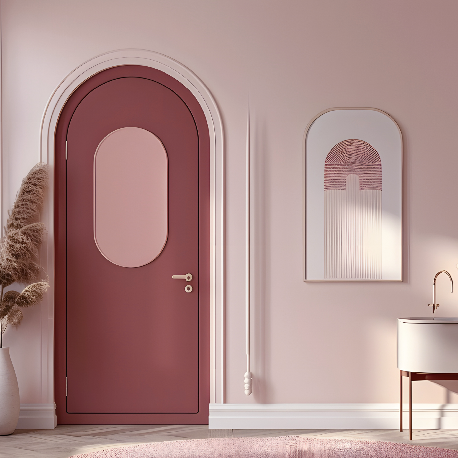 Wandfarbe pastellrosa No. 411 in elegantem Raum mit pinker Tür und modernem Kunstwerk, ideal für stilvolle Innenräume.