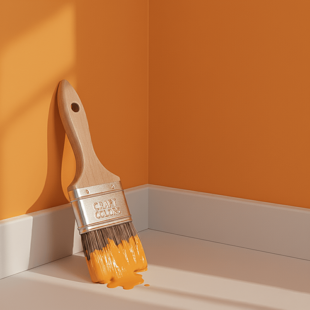 Wandfarbe gelb auf einem Pinsel, der an eine Wand mit orangefarbenem Anstrich gelehnt ist.