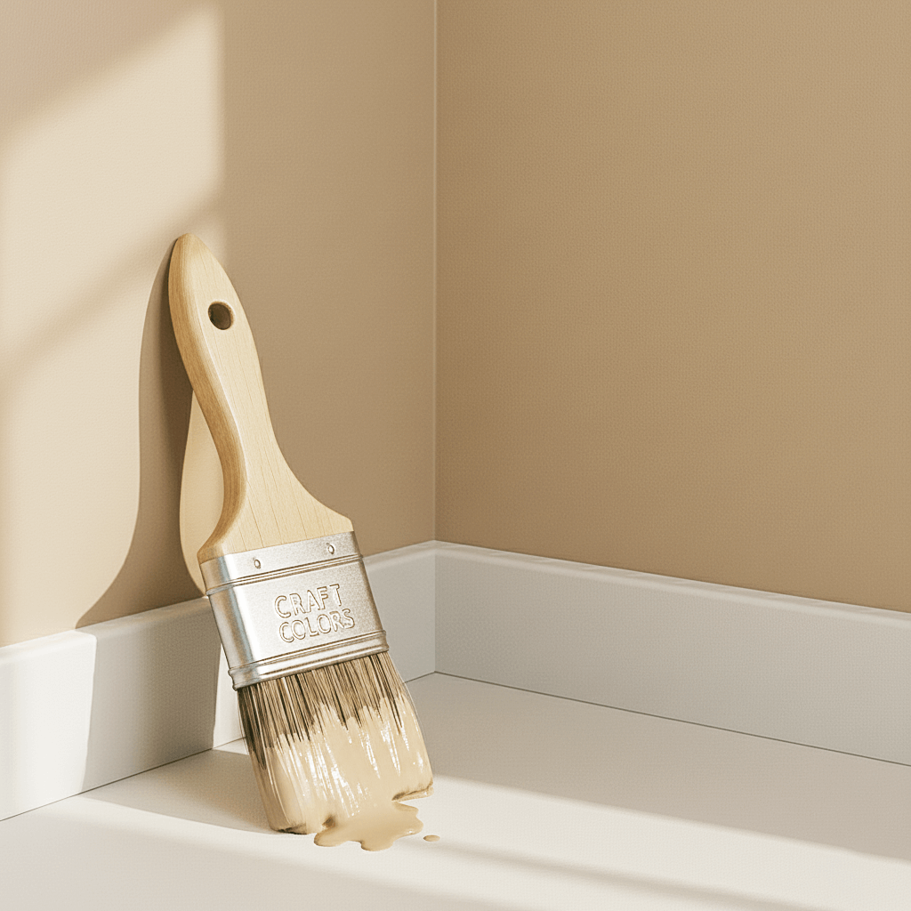 Wandfarbe beige auf einer Wand mit einem Pinsel von Craft Colors, der bereits Farbe tropfen lässt.