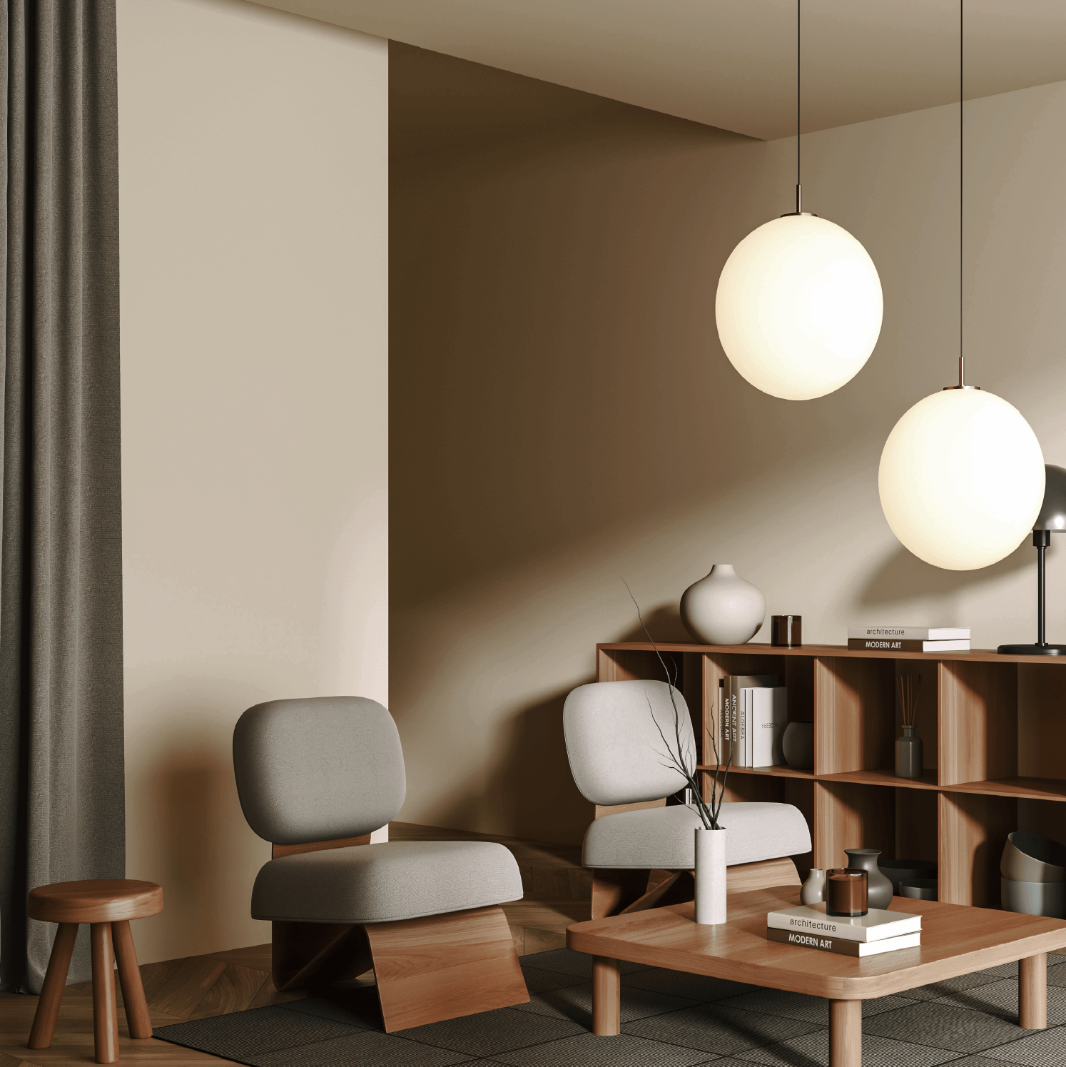 Wandfarbe beige mit edelmatt Oberfläche in modernem Wohnzimmer, Möbel aus Holz und stilvoller Beleuchtung.