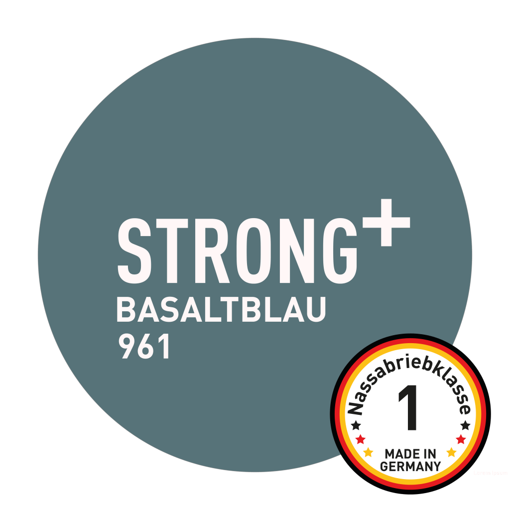 Wandfarbe Strong+ Basaltblau No. 961, Nassabriebklasse 1, Made in Germany mit eleganter, atmungsaktiver Oberfläche.