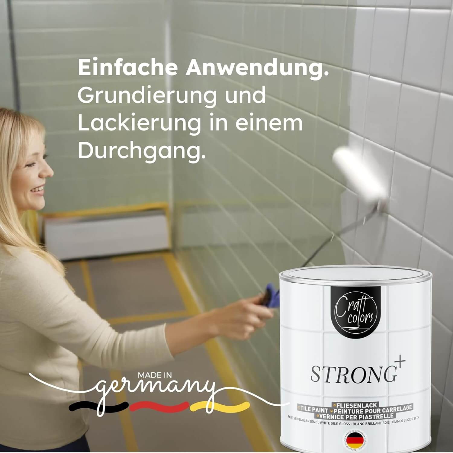 2in1 Fliesenlack weiße seidenglänzende Farbe für einfache Anwendung auf Fliesen.