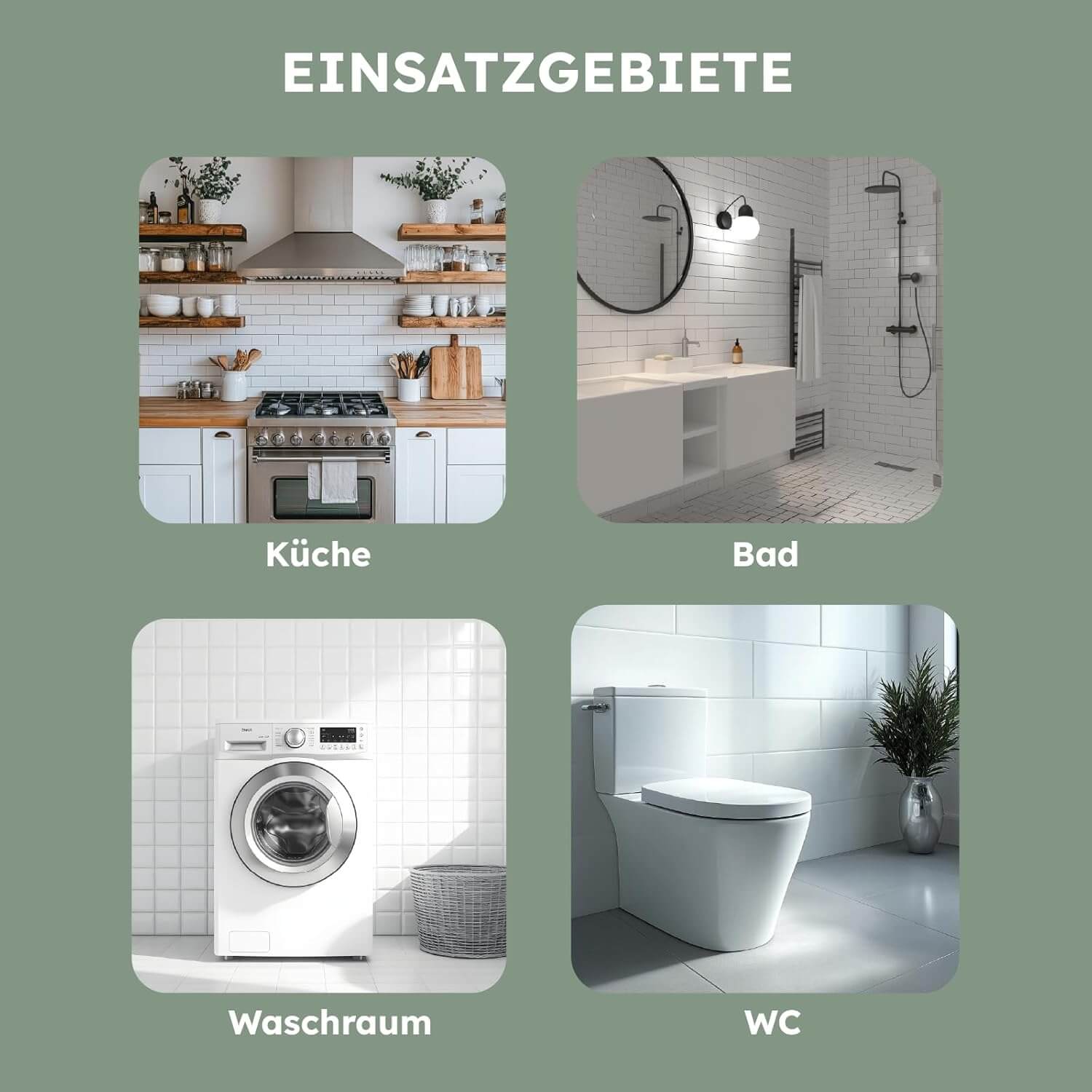 Einsatzgebiete für 2in1 Fliesenlack weiße seidenglänzende Farbe in Küche, Bad, Waschraum und WC.