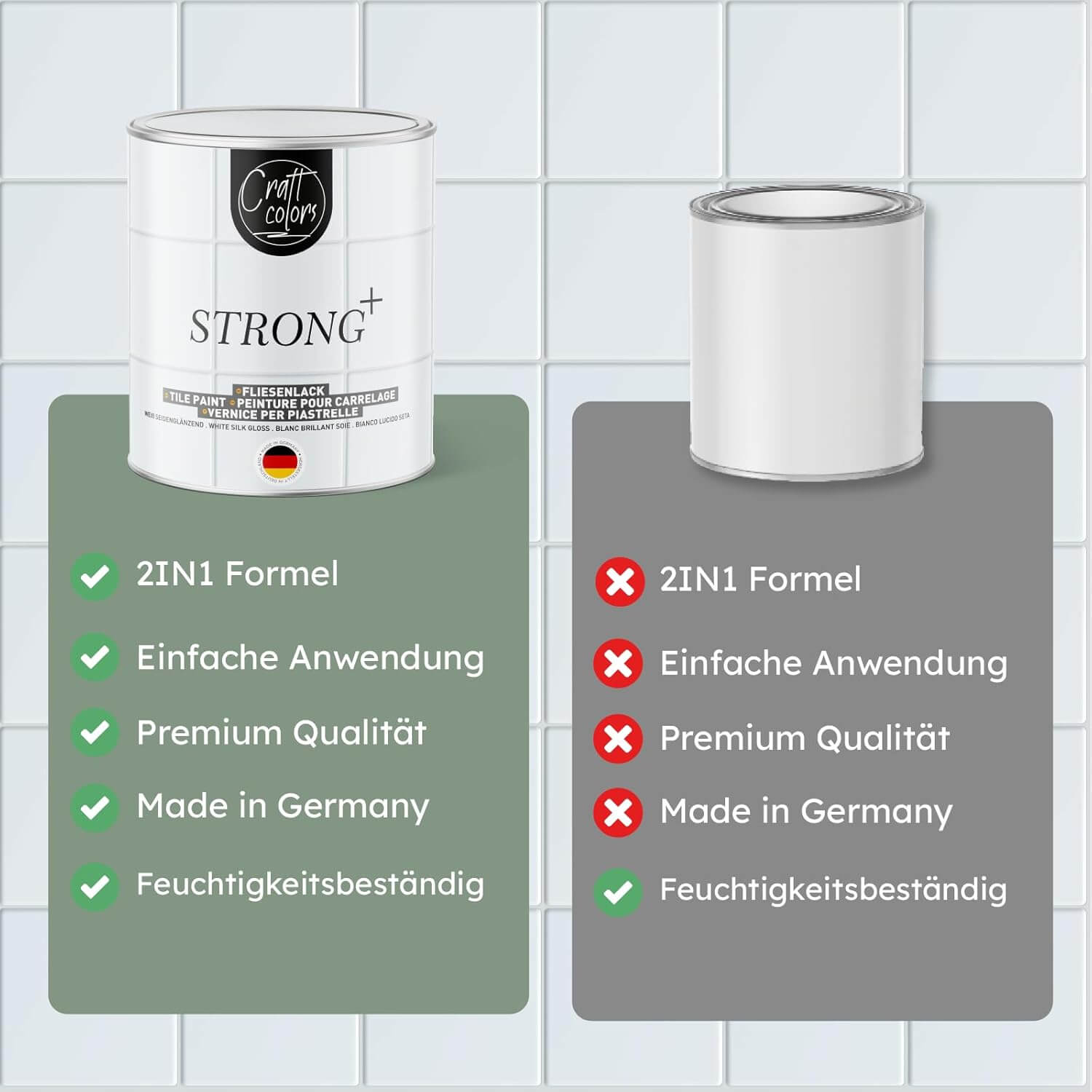 2in1 Fliesenlack weiße seidenglänzende Farbe im Vergleich mit Highlights und Mängeln auf Fliesen. Handwerkliche Qualität.