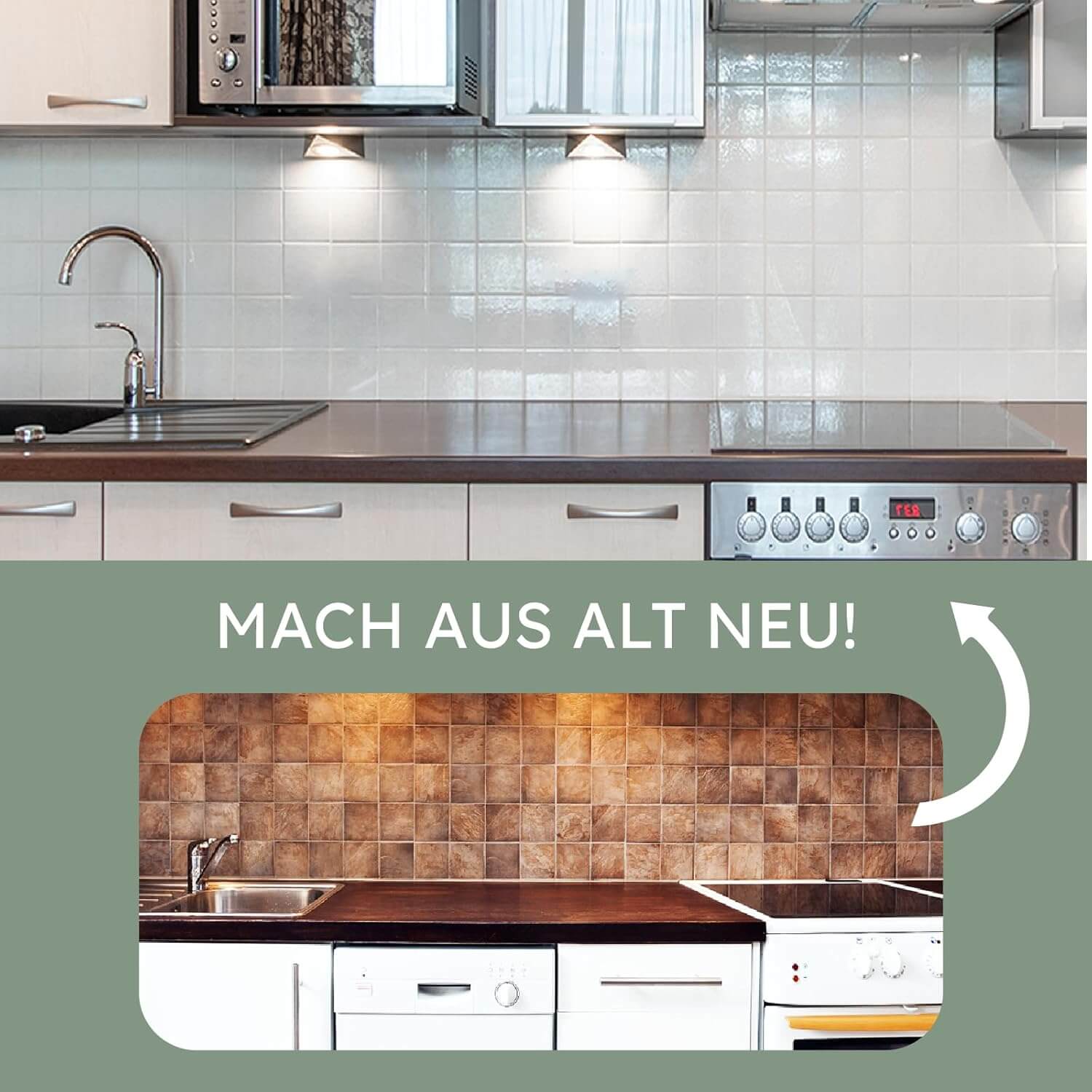 2in1 Fliesenlack weiße seidenglänzende Farbe auf modernem Küchentisch mit renovierten Fliesen.