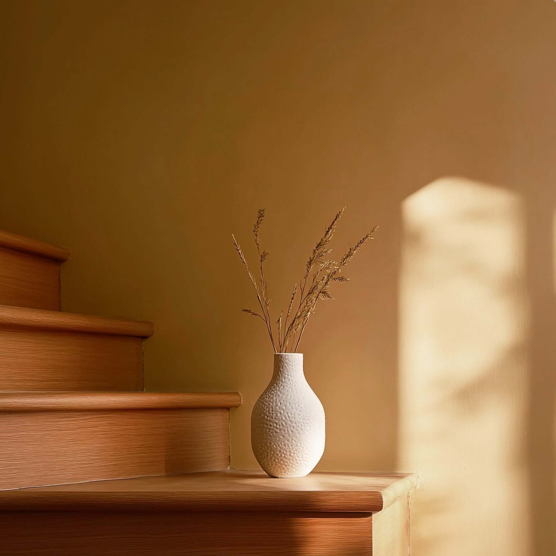 Vase with dried grass on a wooden staircase, complemented by a warm yellow wall.