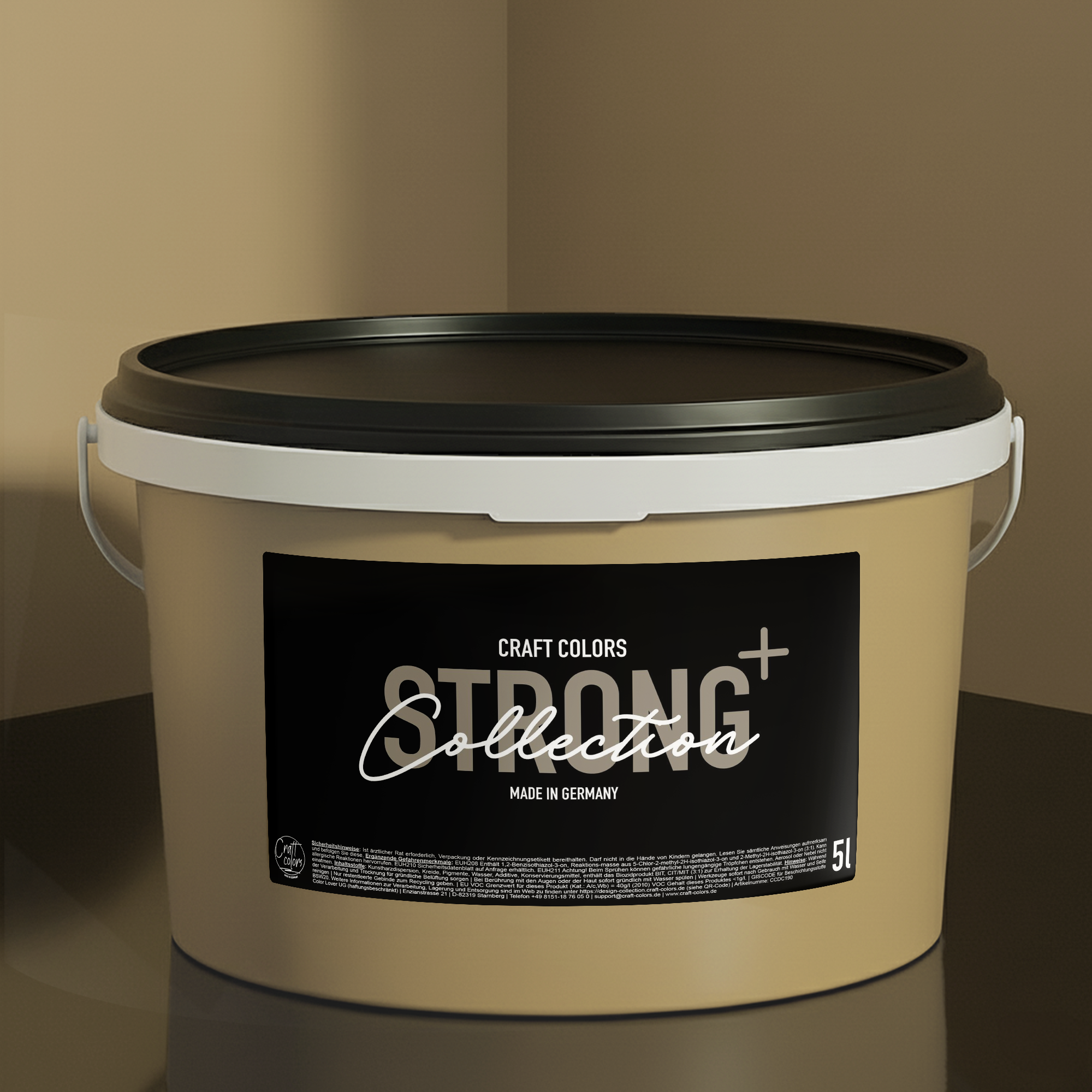 Wandfarbe sandstein Gelb No. 959 in einem 5L Eimer der Strong+ Collection, ideal für strapazierfähige Innenanwendungen.
