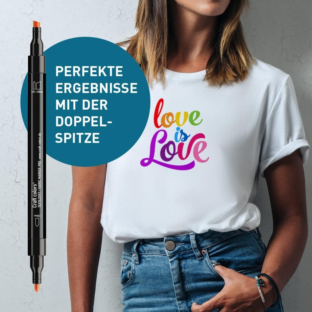 Textilstifte PRO Doppelspitze, 18 x Textilmarker, waschmaschinenfest, leuchtende permanent Stoffmalstifte für Textilien, 2mm, 4mm (1mm) Stärke - Craft Colors