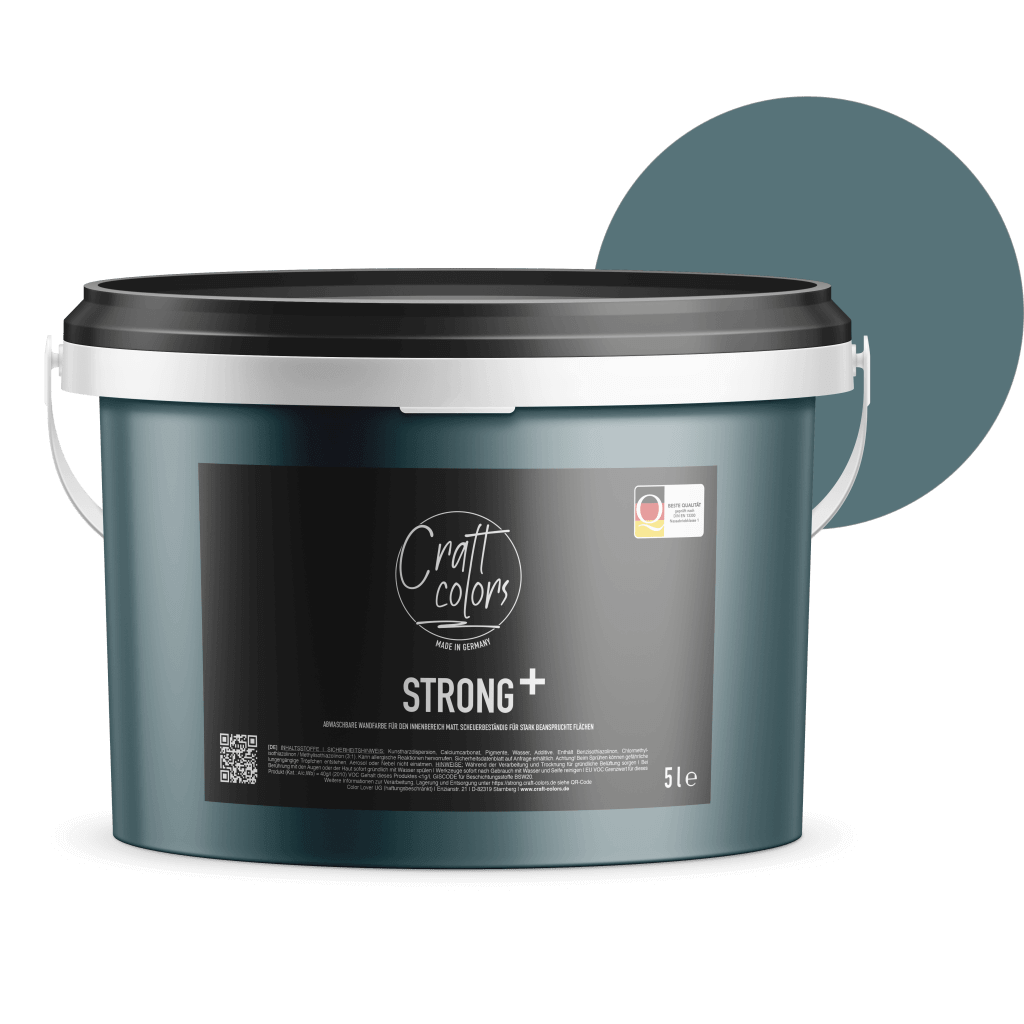 5l bucket of Strong+ Basaltblau wall paint for high-traffic areas, featuring a matte finish and breathable formula.