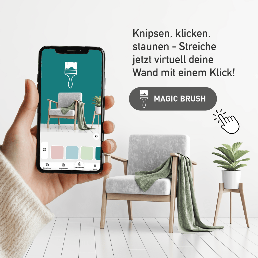 Person using a smartphone app to visualize virtual wall painting with a Magic Brush tool.